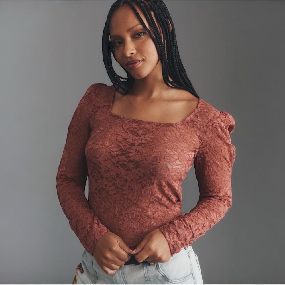 NWT Anthropologie Puff-Sleeve Sheer Lace Top Pink Size Small